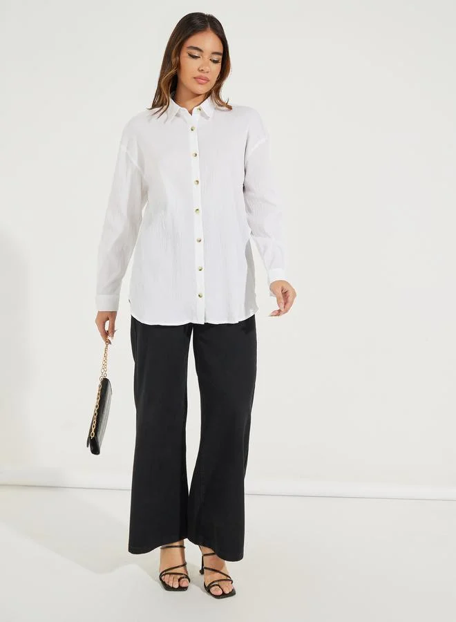 Styli Oversized Textured Longline Shirt with Buttons