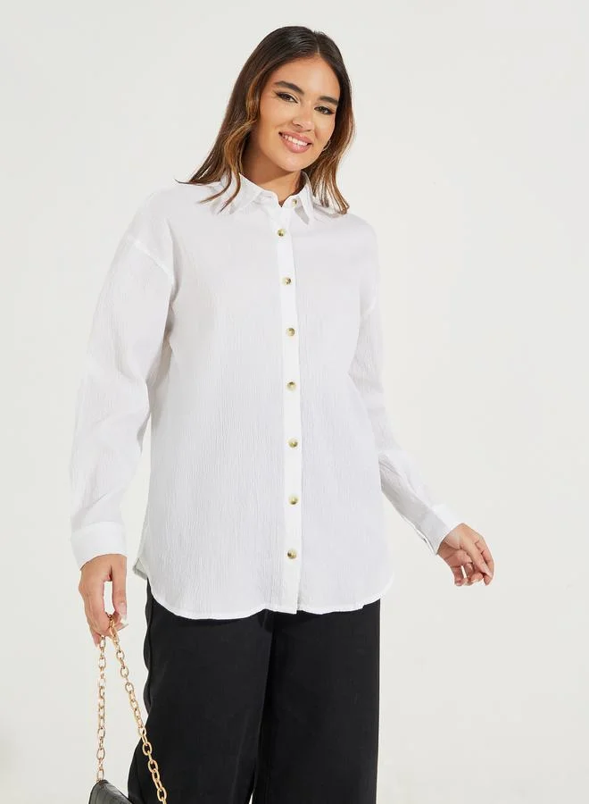 Styli Oversized Textured Longline Shirt with Buttons