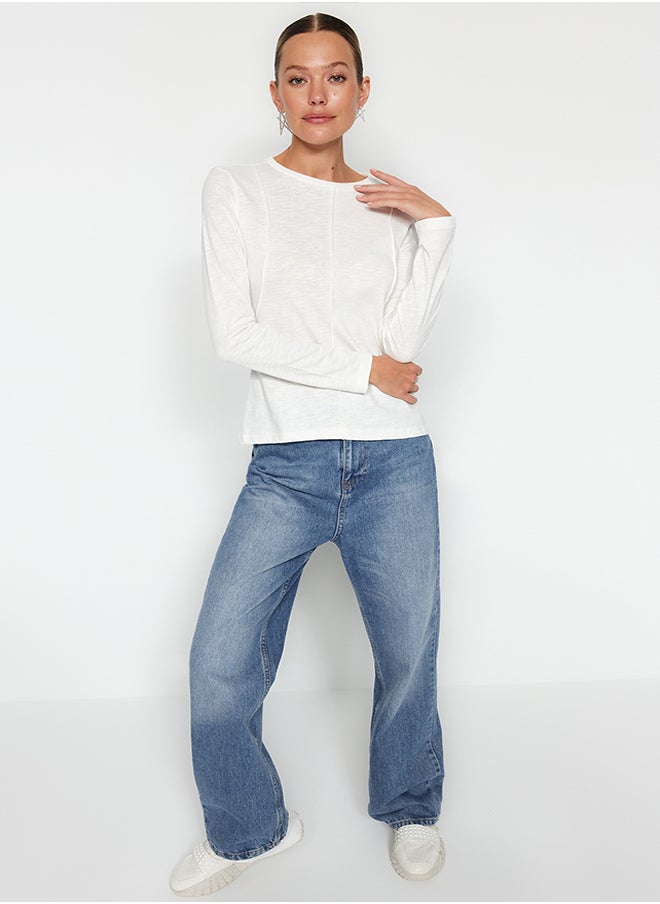 trendyol - Ecru Stitching Detailed Crew Neck Slim Fit Knitted T-Shirt TWOAW24TS00009 - Image 1
