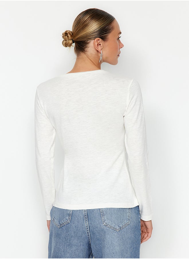 trendyol - Ecru Stitching Detailed Crew Neck Slim Fit Knitted T-Shirt TWOAW24TS00009 - Image 1