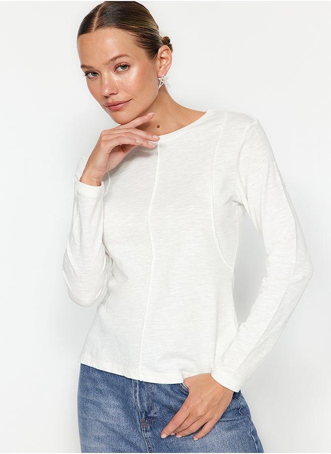 trendyol - Ecru Stitching Detailed Crew Neck Slim Fit Knitted T-Shirt TWOAW24TS00009 - Image 1