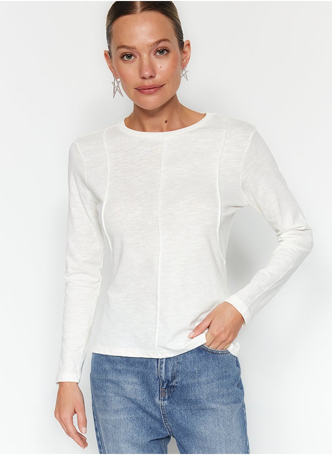 trendyol - Ecru Stitching Detailed Crew Neck Slim Fit Knitted T-Shirt TWOAW24TS00009 - Image 1