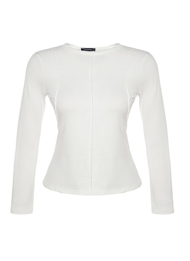 trendyol - Ecru Stitching Detailed Crew Neck Slim Fit Knitted T-Shirt TWOAW24TS00009 - Image 1