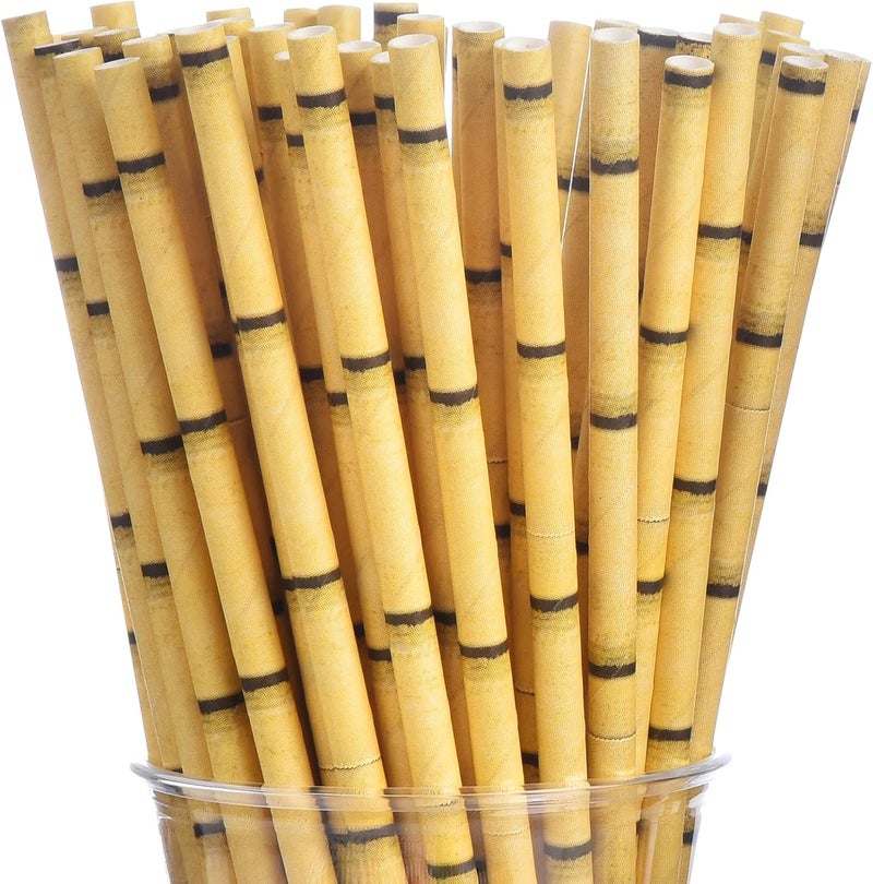 ALINK Biodegradable Bamboo Print Paper Drinking Straws for Drinks, Juices, Smoothies, Shakes, Party Supplies, Pack of 100 - Image 1