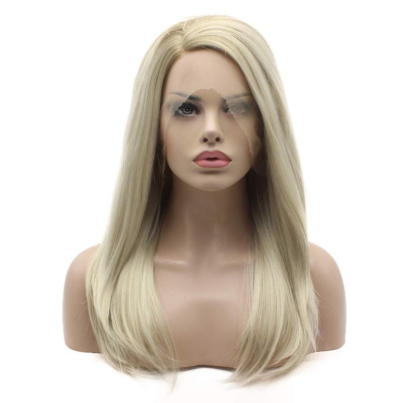 Lushy Lushy Medium Length Straight Brown Root Blonde Ombre Wig Half Hand Tied Heat Friendly Synthetic Lace Front Wig 