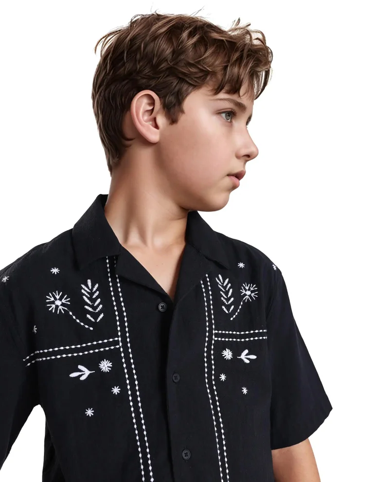 رير ونز Rare Ones Kids Foke Black Cotton Embroidered Button Closure Regular Fit Shirt
