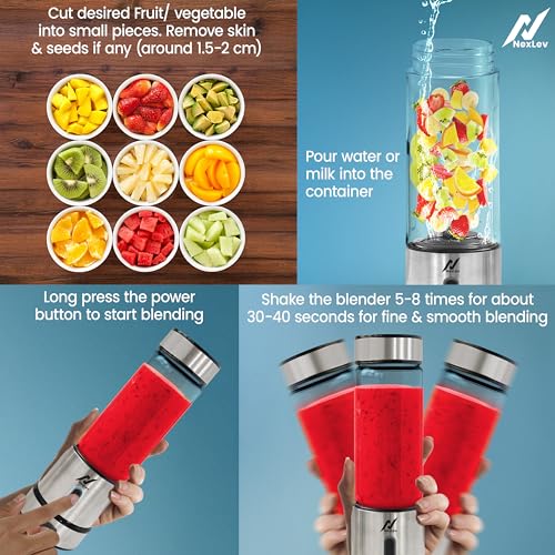 NexLev Portable Blender for Smoothies Milkshakes Crushing Ice Juices | 6 Leaf Stainless Steel Blade | 3000 mAh Battery | Type C Rechargeable | Mix Fruit Juicer | 450ml | For Kitchen & Travel | PB-01 - Image 4