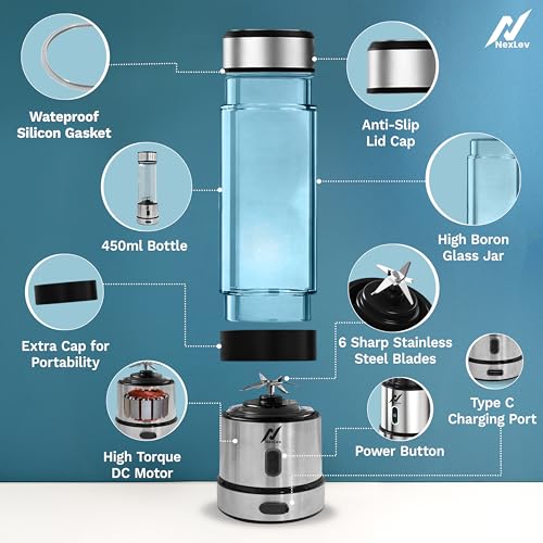 NexLev Portable Blender for Smoothies Milkshakes Crushing Ice Juices | 6 Leaf Stainless Steel Blade | 3000 mAh Battery | Type C Rechargeable | Mix Fruit Juicer | 450ml | For Kitchen & Travel | PB-01 - Image 5