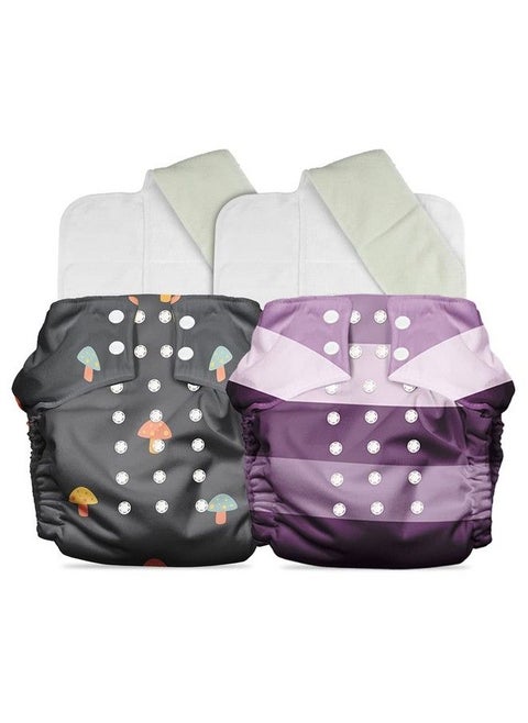 Plant Powered Cloth Diaper For Babies Free Size ; Medical Grade Fabric With 100% Organic Cotton ; Reusable 13 Layer Breathable Soaker With Built In Booster Pad ; Pack Of 2 (Mushroom + Stunner)