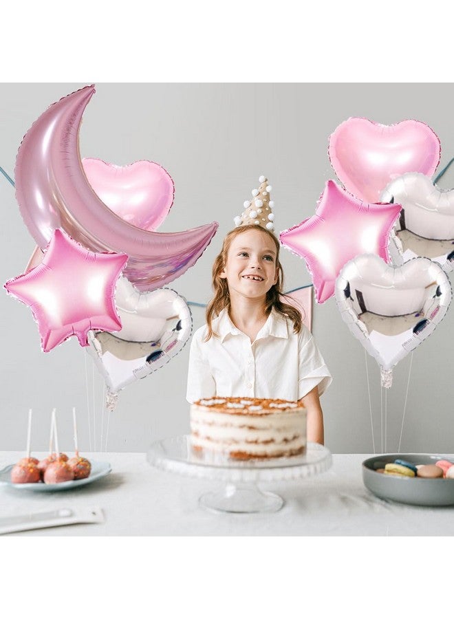 AnnoDeel 9pcs Large Moon Star Foil Balloons, 30inch Big Pink Silver Moon Balloons and 18inch Star Heart Mylar balloons for Girl Baby Shower Party Birthday Decorations - Image 3