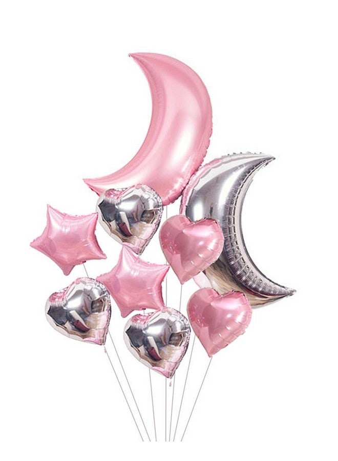 AnnoDeel 9pcs Large Moon Star Foil Balloons, 30inch Big Pink Silver Moon Balloons and 18inch Star Heart Mylar balloons for Girl Baby Shower Party Birthday Decorations - Image 1