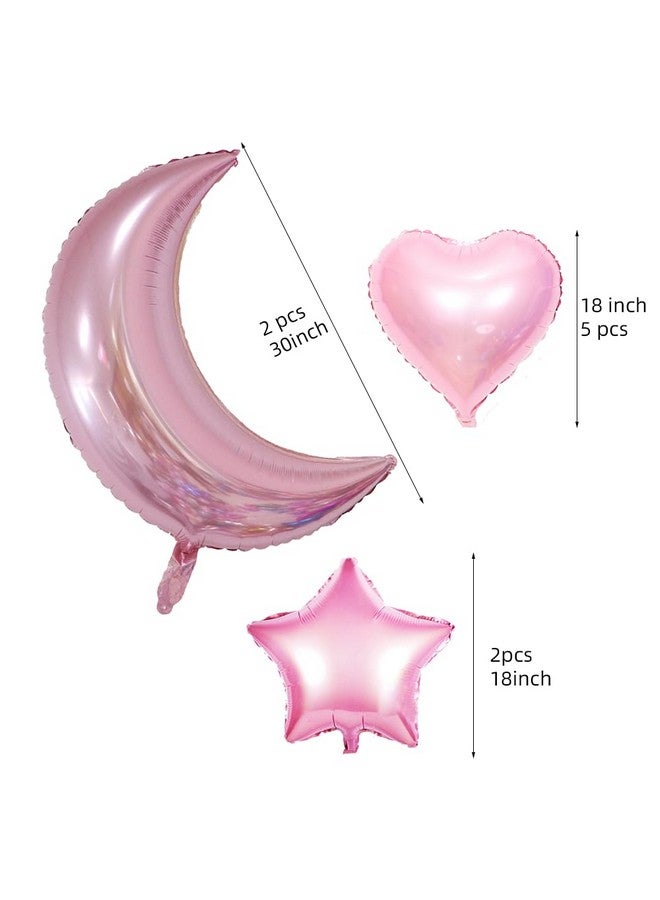 AnnoDeel 9pcs Large Moon Star Foil Balloons, 30inch Big Pink Silver Moon Balloons and 18inch Star Heart Mylar balloons for Girl Baby Shower Party Birthday Decorations - Image 2