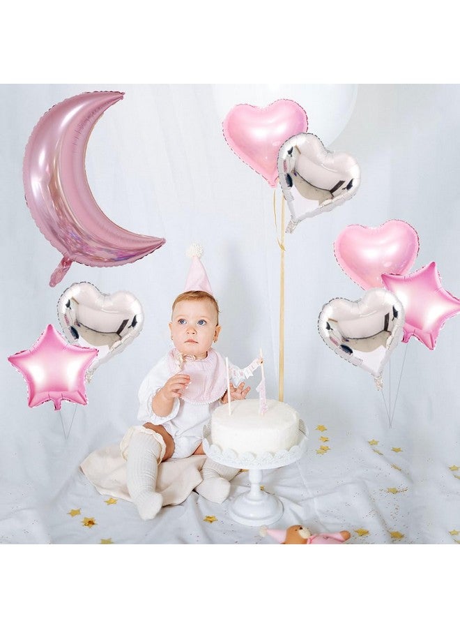 AnnoDeel 9pcs Large Moon Star Foil Balloons, 30inch Big Pink Silver Moon Balloons and 18inch Star Heart Mylar balloons for Girl Baby Shower Party Birthday Decorations - Image 4
