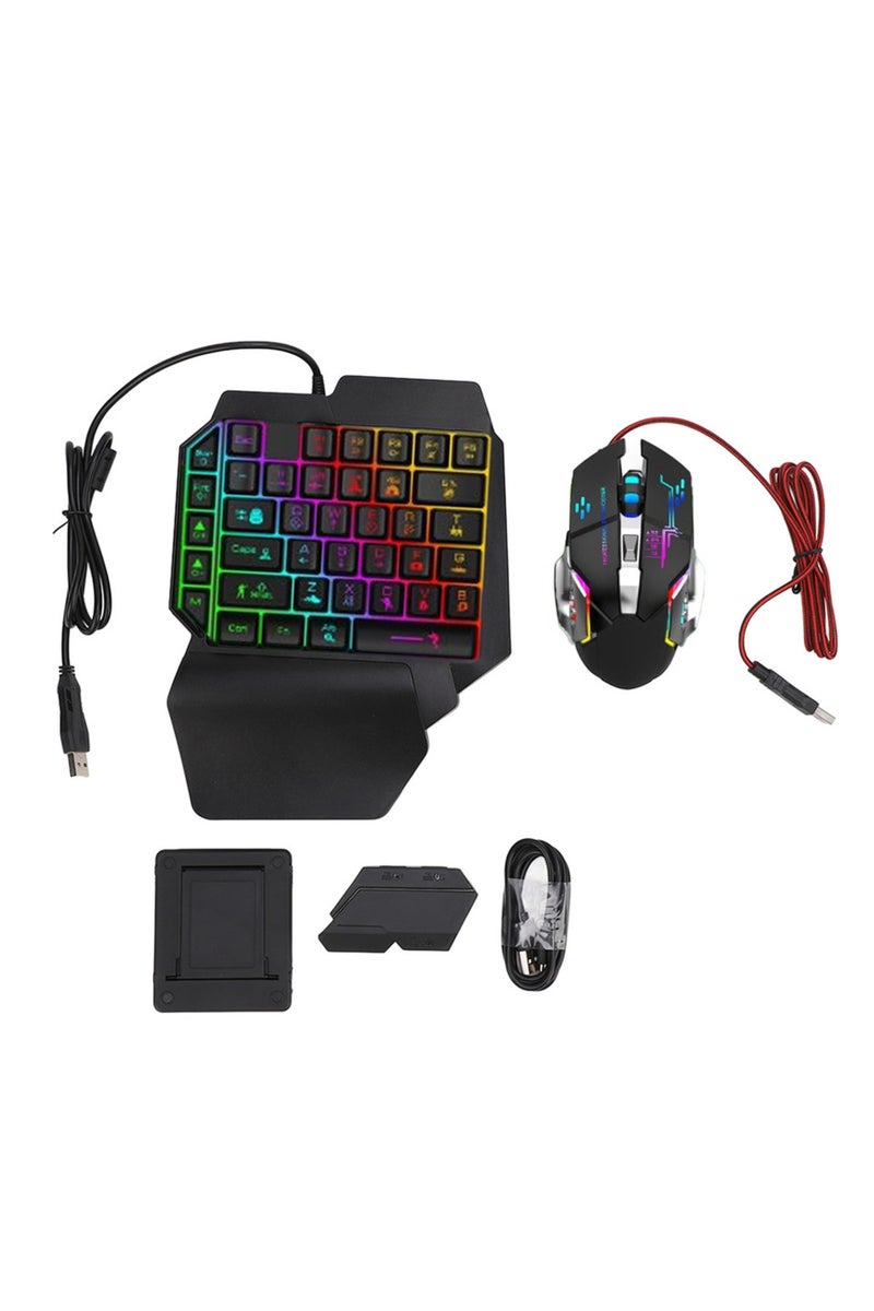 مجموعة ألعاب جوال سوداء متكاملة، تتضمن لوحة مفاتيح وماوس تعمل بيد واحدة، مع اتصال بلوتوث، واستجابة سريعة.