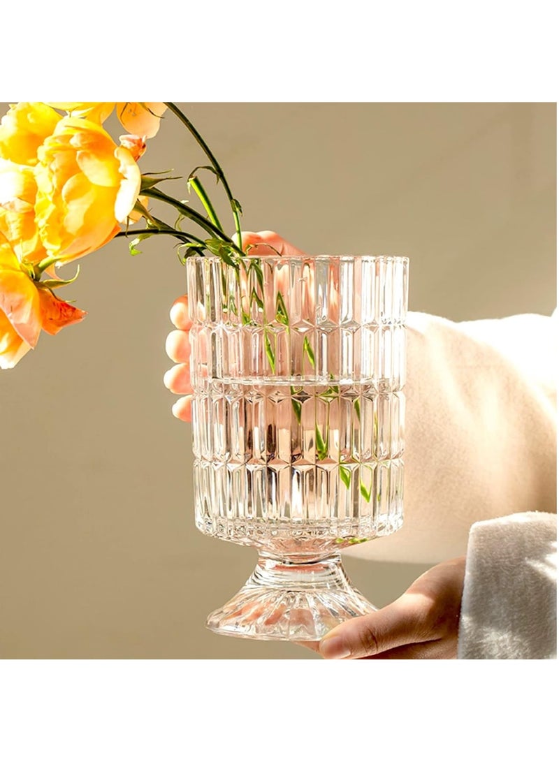 HOME ZONE Large Clear Pedestal Vases for Centrepieces Crystal Glass Ribbed Footed Flower Vase Fluted Wide Unique Decorative Vase for Wedding Birthday Anniversary Events Table Décor - Image 2