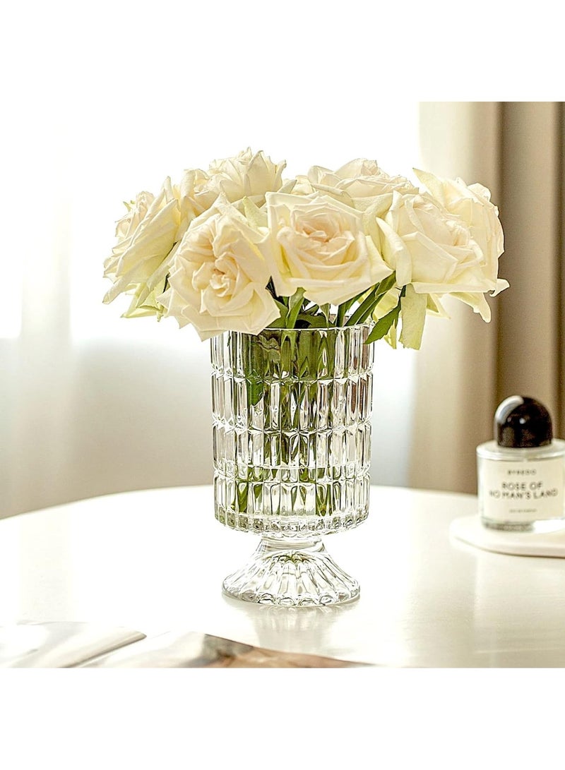 HOME ZONE Large Clear Pedestal Vases for Centrepieces Crystal Glass Ribbed Footed Flower Vase Fluted Wide Unique Decorative Vase for Wedding Birthday Anniversary Events Table Décor - Image 3