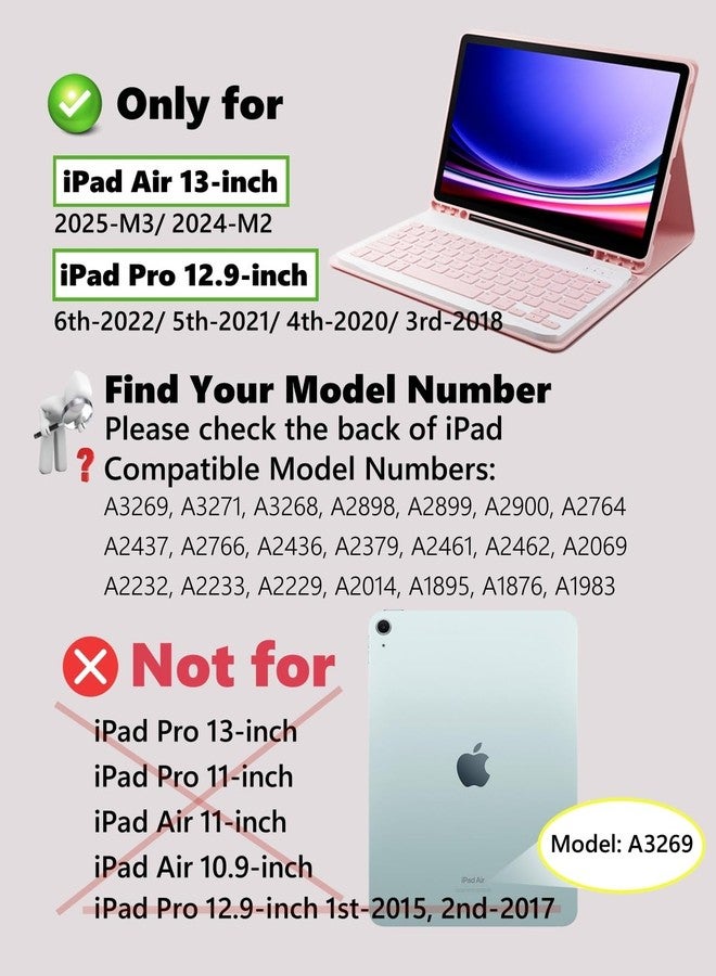 TUNKARMOR for iPad Air 13 inch (M2-2024, M3-2025) Case Keyboard and iPad Pro 12.9 inch (6th, 5th, 4th, 3rd Gen) Keyboard Case Built-in Pencil Holder with Mouse - Pink - Image 2