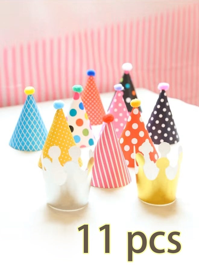 11pcs Birthday Party Cone Hats - Pompoms, Cute Cake Cone Birthday Paper Hats, Cute Crowns for Kids and Adults - Image 1