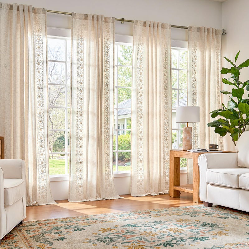 jinchan Weslie Boho Curtains for Bedroom Ivory Vintage Floral Farmhouse Curtains 96 Inches Long Linen Drapes for Living Room Embroidered Light Filtering Drapes Rod Pocket Ivory on Beige 2 Panels - Image 2