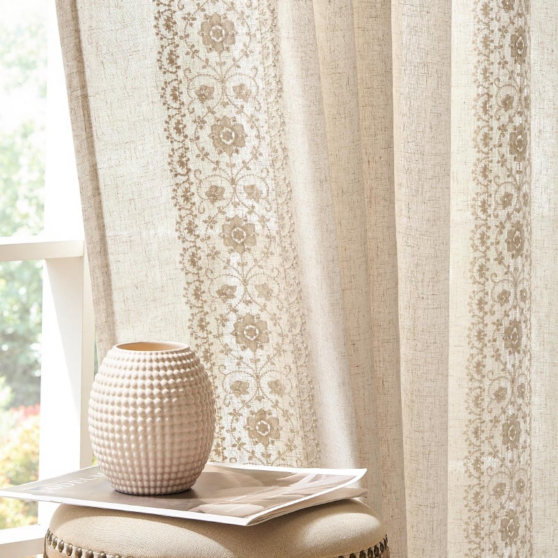 jinchan Weslie Boho Curtains for Bedroom Ivory Vintage Floral Farmhouse Curtains 96 Inches Long Linen Drapes for Living Room Embroidered Light Filtering Drapes Rod Pocket Ivory on Beige 2 Panels - Image 1