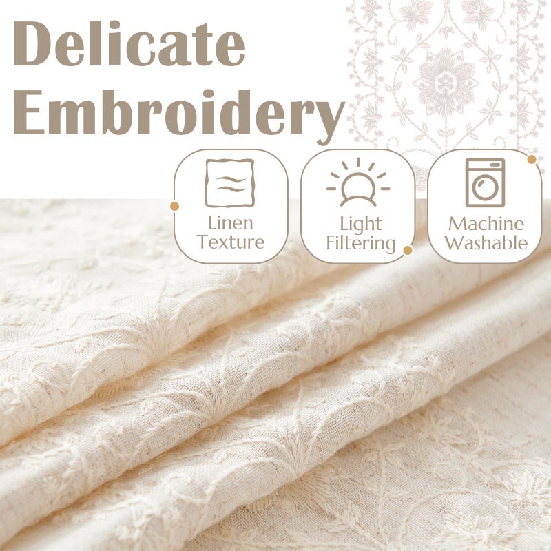 jinchan Weslie Boho Curtains for Bedroom Ivory Vintage Floral Farmhouse Curtains 96 Inches Long Linen Drapes for Living Room Embroidered Light Filtering Drapes Rod Pocket Ivory on Beige 2 Panels - Image 4