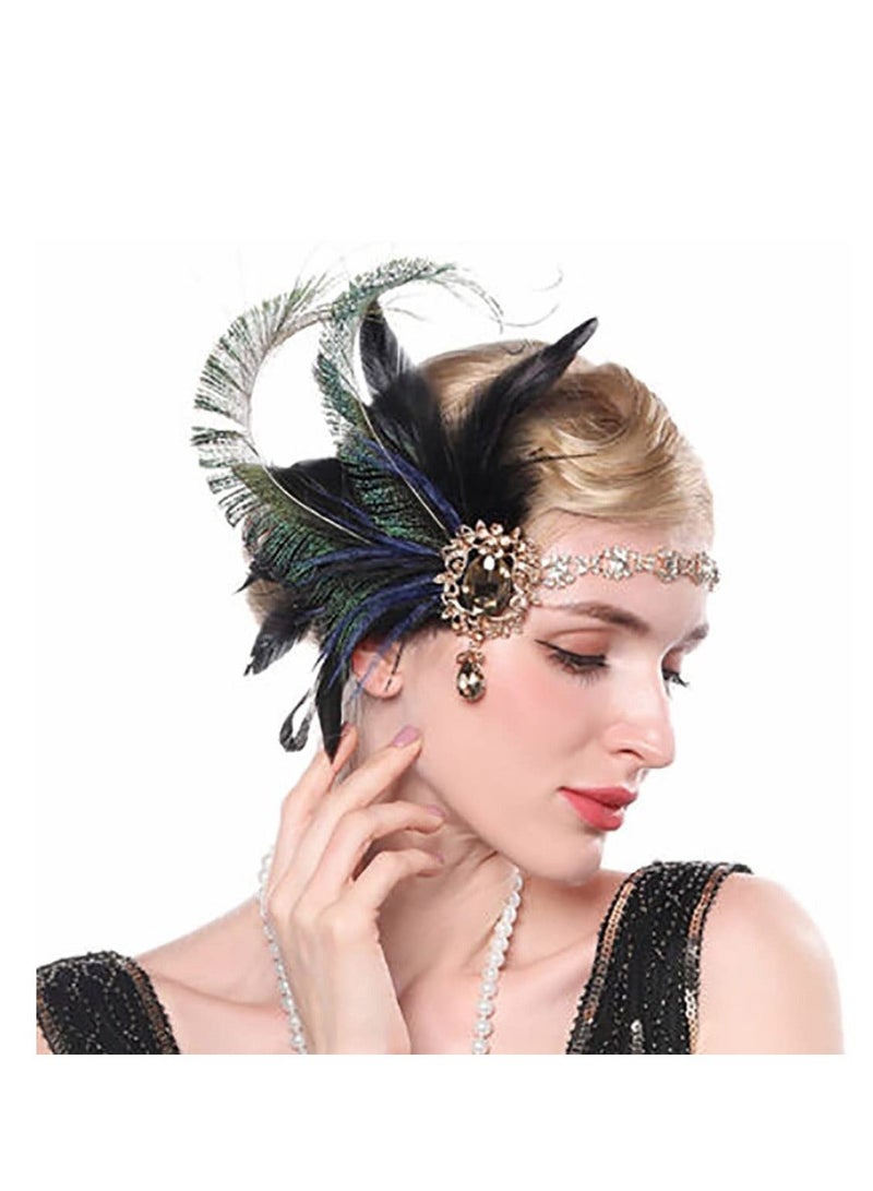 إسكدنيا Crystal Feather Flapper Headpiece, Black Rhinestone Headband, Classial and Green Feather, 1920s Hair Accessories for Women Vintage Festival Prom Costume, Gatsby - Image 4