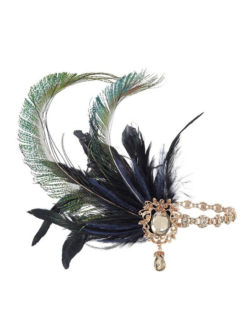 إسكدنيا Crystal Feather Flapper Headpiece, Black Rhinestone Headband, Classial and Green Feather, 1920s Hair Accessories for Women Vintage Festival Prom Costume, Gatsby - Image 1