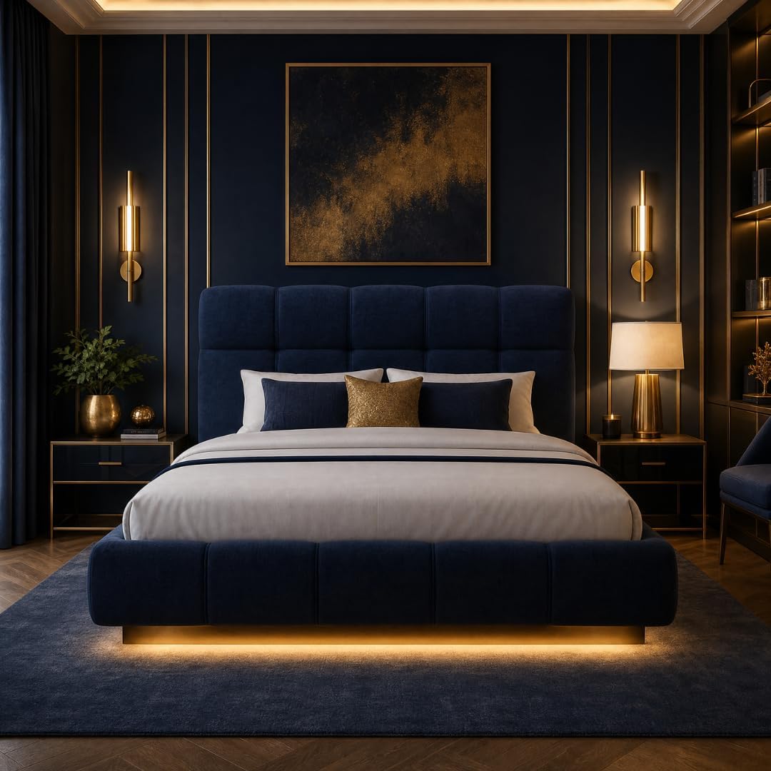 Modern Upholstered LED Floating Bed Frame with Tufted Headboard - Navy Blue, Full Size with Medical Pillow Top Mattress