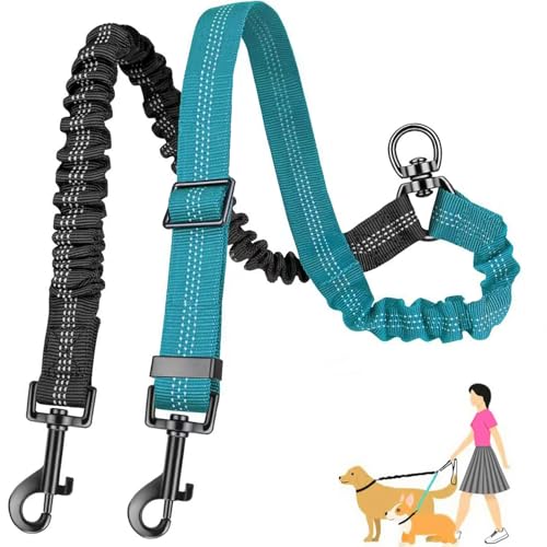 AKEISHE Double Leash for Two Dogs, 2-in-1 No Tangle Design with Bungee Shock Absorber & Adjustable Strap for Walking, Running, Training (Blue) - Image 1