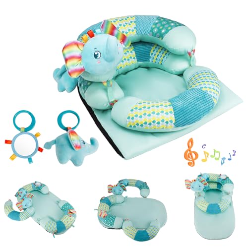 Blublu Park 3-in-1 Tummy Time Pillow and Seated Support Playmat with Detachable Early Sensory Toys for Infant, Sitting Support to Prevent Reflux, Portable Gifts for Newborn Boys and Girls (Blue) - Image 1