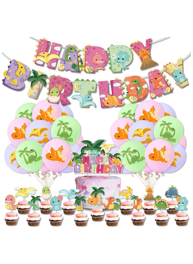 Cute Dinosaur Balloon Set with Happy Birthday Banner,Cake Topper,Perfect for Graduation Baby Shower Birthday Party Backdrop - Image 1