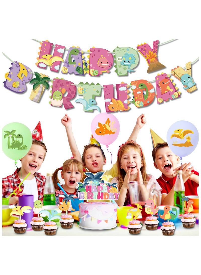 Cute Dinosaur Balloon Set with Happy Birthday Banner,Cake Topper,Perfect for Graduation Baby Shower Birthday Party Backdrop - Image 3