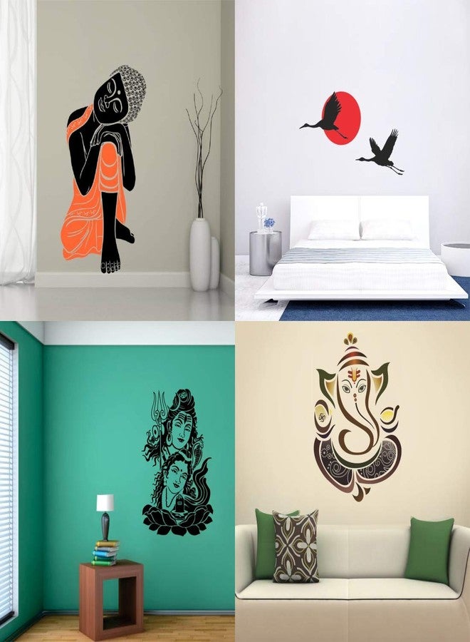 Walltech Combo of 4 Wall Sticker Sleeping Buddha-(110 x 60 cms) | Royal Ganesh-(50 x 45 cms) | Shiv parwati-(60 x 39 cms) | Sunrise-(60 x 90 cms) - Material Vinyl - Image 1