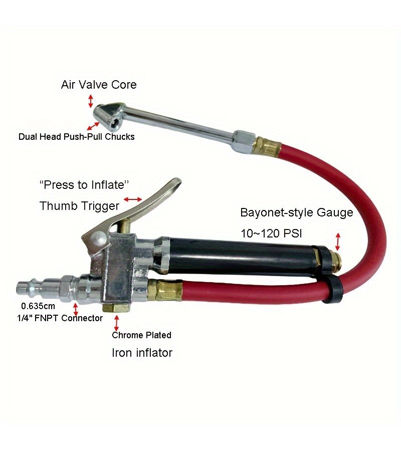 Red Tube Air Gauge Set Heavy Duty Tire Inflator 10 120 PSI Tire Gauge 12 Inch Air Hose With 4 Way Tool Valve Core And Pressure Gauge 1 Set - Image 5