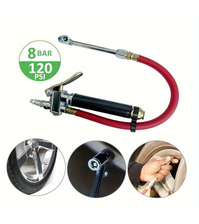 Red Tube Air Gauge Set Heavy Duty Tire Inflator 10 120 PSI Tire Gauge 12 Inch Air Hose With 4 Way Tool Valve Core And Pressure Gauge 1 Set - Image 4