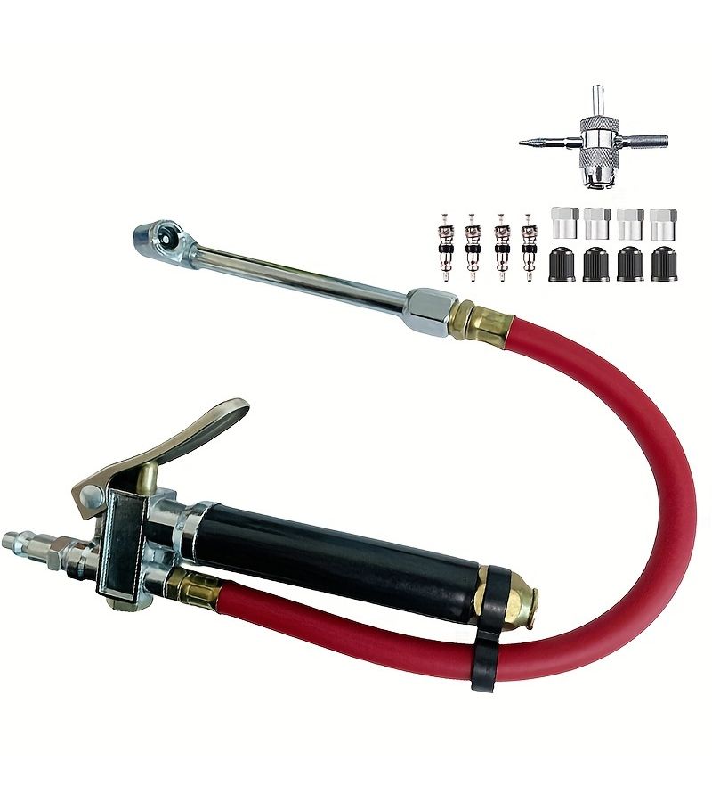 Red Tube Air Gauge Set Heavy Duty Tire Inflator 10 120 PSI Tire Gauge 12 Inch Air Hose With 4 Way Tool Valve Core And Pressure Gauge 1 Set - Image 1