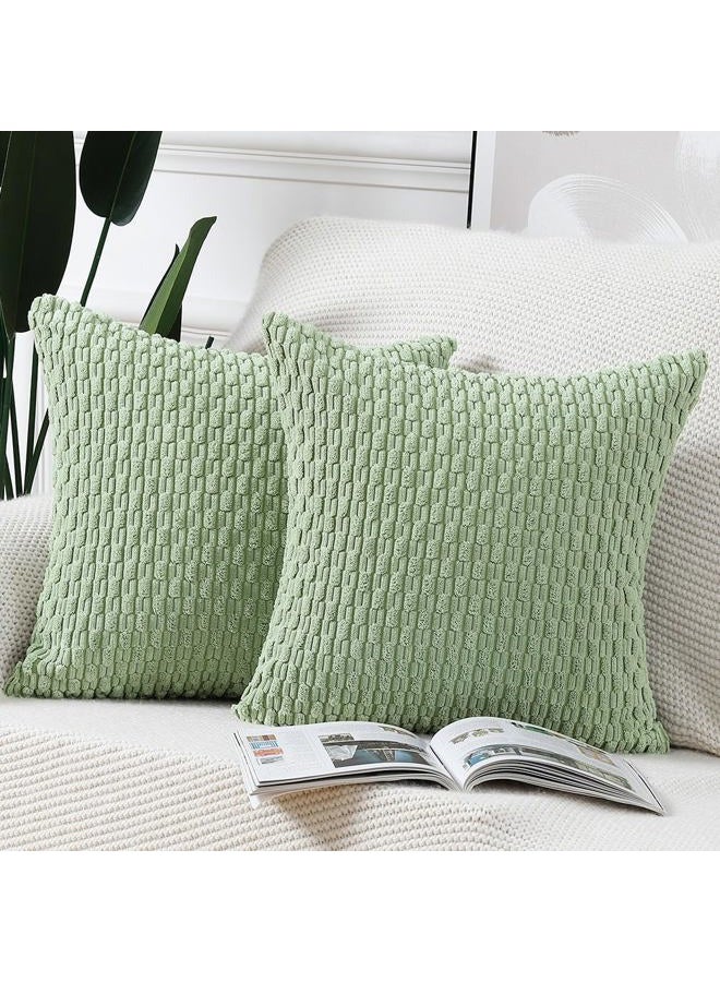 MADIZZ Pack of 2 Boho Striped Corduroy Throw Pillow Covers 16x16 Inch Light Green Soft Decorative Cushion Cover for Bedroom Sofa Pillow Shell - Image 1
