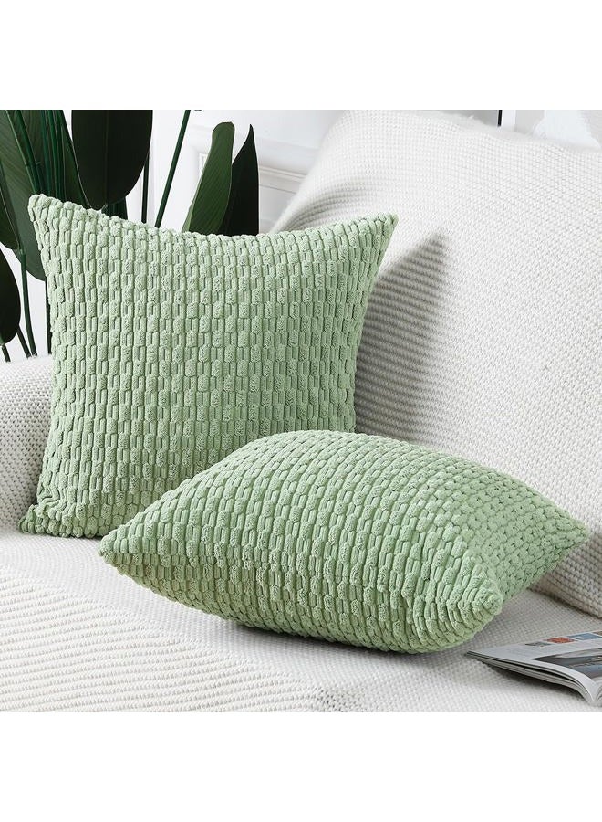 MADIZZ Pack of 2 Boho Striped Corduroy Throw Pillow Covers 16x16 Inch Light Green Soft Decorative Cushion Cover for Bedroom Sofa Pillow Shell - Image 2