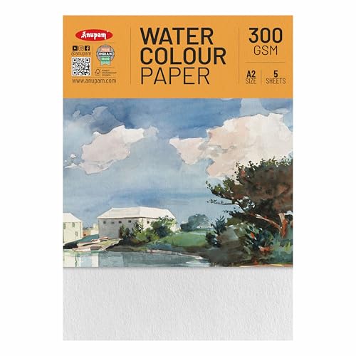 Anupam Professional Watercolour Paper | A2 (60X42CM) 300 GSM Cold Pressed Paper | 5 Sheets | Ideal for Artist, Professional Drawing, Painting Dry & Wet, Fine Art, School, Students, Watercolor - Image 1