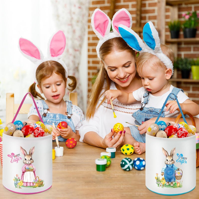 Capoda 2 Pcs Easter Bunny Basket Bags Canvas Easter Eggs Hunt Basket Rabbit Bucket Tote Gift Bags for Party Decor Supplies(Cute) - Image 5