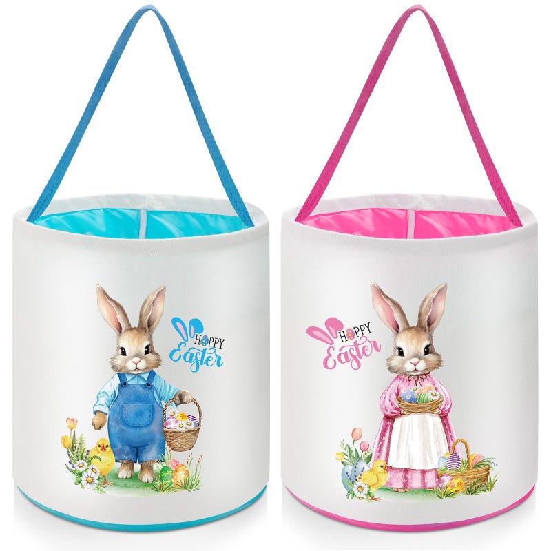 Capoda 2 Pcs Easter Bunny Basket Bags Canvas Easter Eggs Hunt Basket Rabbit Bucket Tote Gift Bags for Party Decor Supplies(Cute) - Image 1
