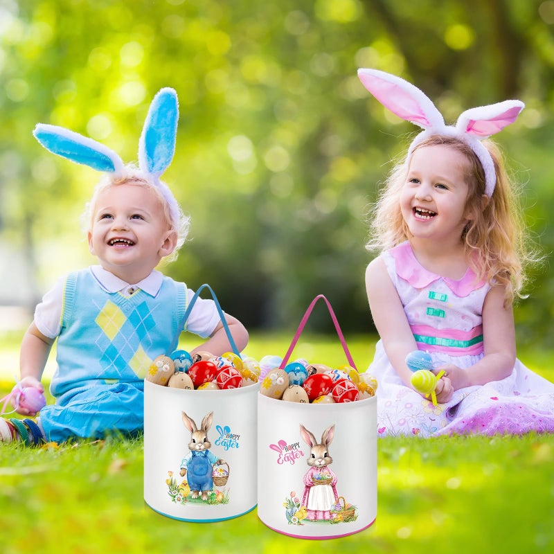 Capoda 2 Pcs Easter Bunny Basket Bags Canvas Easter Eggs Hunt Basket Rabbit Bucket Tote Gift Bags for Party Decor Supplies(Cute) - Image 4