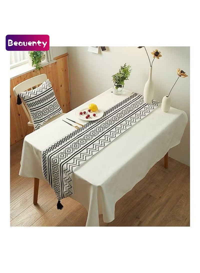 Beauenty Chenille Geometric Tassel Table Runner White/Black 33 x 180cm - Image 1