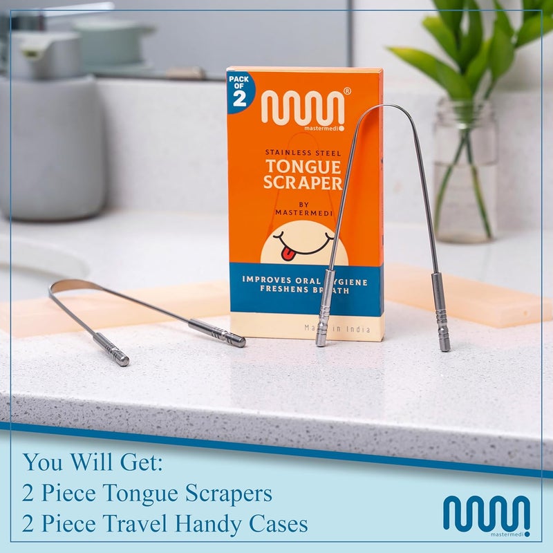 MasterMedi Tongue Scraper for Adults with Travel Cases (2 Pack), 100% Stainless Steel, Reduce Bad Breath, Tongue Scrubber, Easy to Use, Tongue Cleaner for Oral Care & Hygiene - Image 4