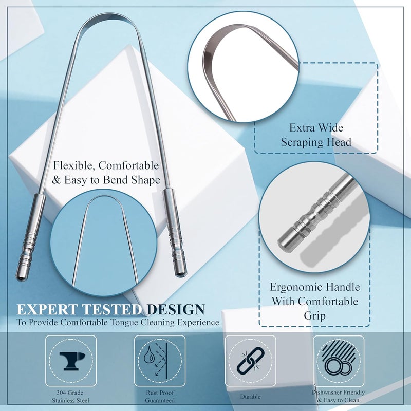 MasterMedi Tongue Scraper for Adults with Travel Cases (2 Pack), 100% Stainless Steel, Reduce Bad Breath, Tongue Scrubber, Easy to Use, Tongue Cleaner for Oral Care & Hygiene - Image 3