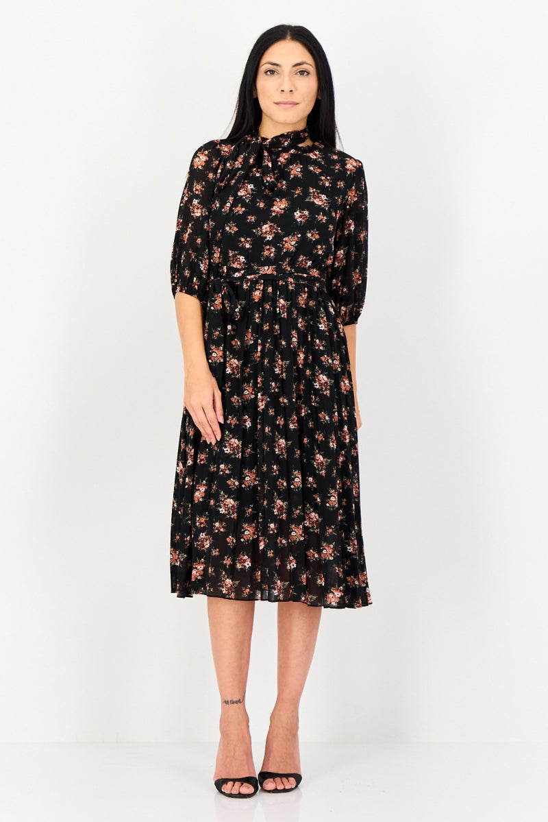 VERO MODA فستان ميدي مزخرف بالورود للنساء، متعدد الألوان - Image 1