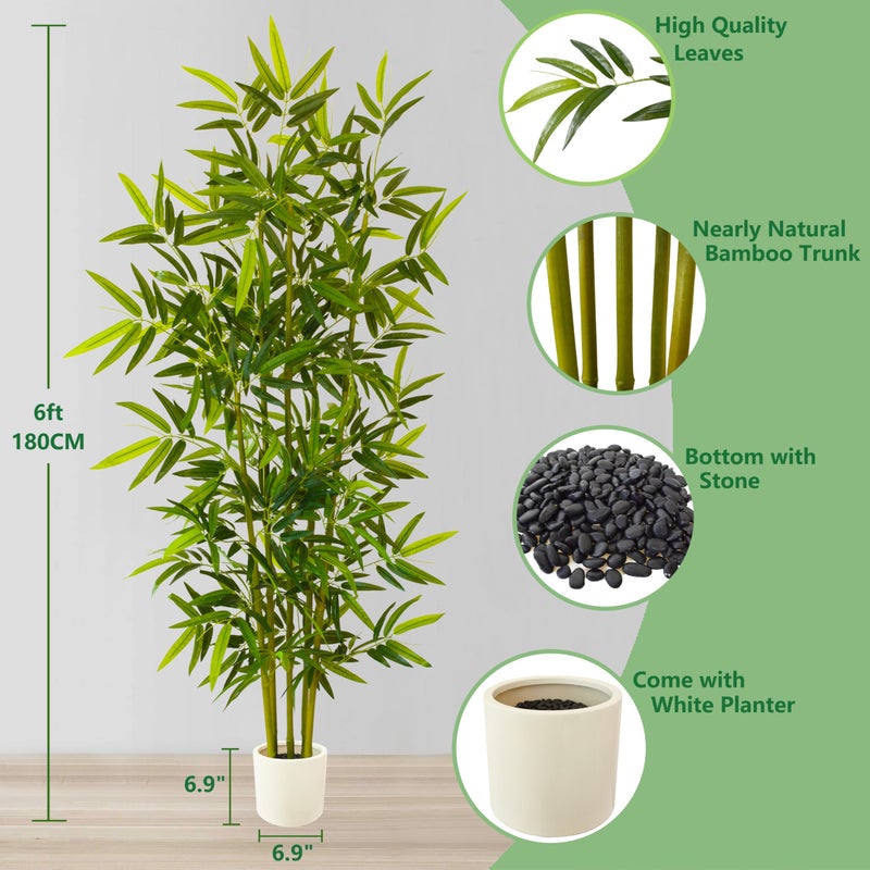 Warmplants Artificial Bamboo Tree, 6ft Tall Fake Bamboo Plant with White Planter, Faux Trees with 5 Trunks and Lifelike Leaves for Indoor Outdoor Home Office DÃ©cor - Image 2