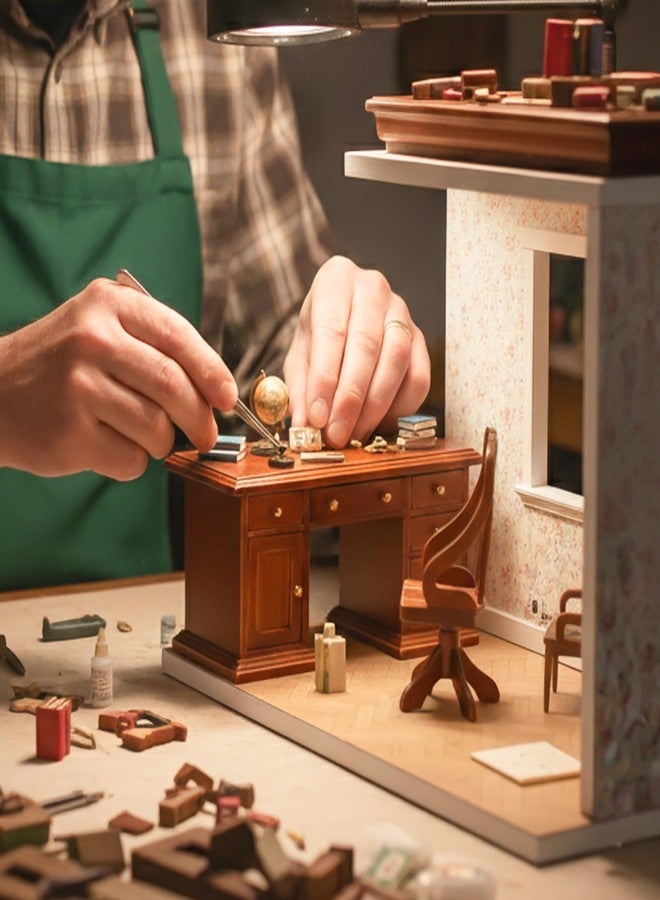 KH866 Miniature Dollhouse Office Desk Chair 1/12 Scale Miniature Wooden Writing Table Desk & Chair Furniture Accessories Mini Doll Retro Set - Image 5