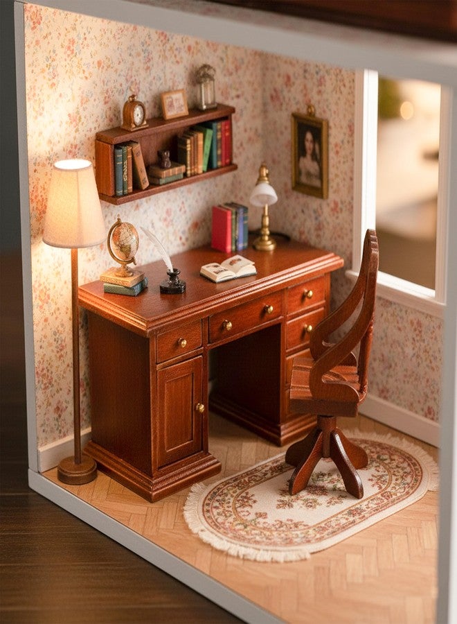 KH866 Miniature Dollhouse Office Desk Chair 1/12 Scale Miniature Wooden Writing Table Desk & Chair Furniture Accessories Mini Doll Retro Set - Image 3