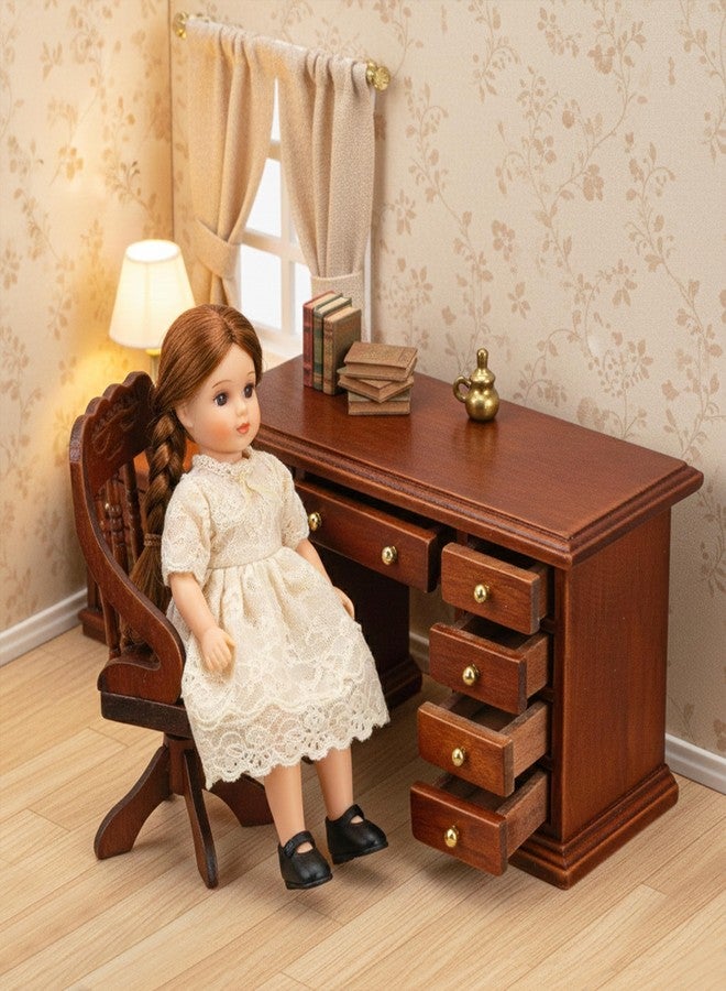 KH866 Miniature Dollhouse Office Desk Chair 1/12 Scale Miniature Wooden Writing Table Desk & Chair Furniture Accessories Mini Doll Retro Set - Image 4